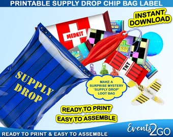 Gamer Drop Crate Chip Tasche, Mystery Blind Loot Goody, Party Favor Blau Drop Box Crate, digitale druckbare Instant Download DIY