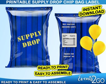 Gamer Drop Crate Chip Tasche, Mystery Blind Loot Goody, Party Favor Blau Drop Box Crate, digitale druckbare Instant Download DIY