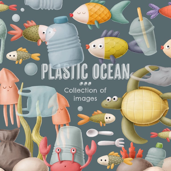 Ocean creatures digital graphics, ecological clipart, under the sea, plastic zero waste, commercial and personal use
