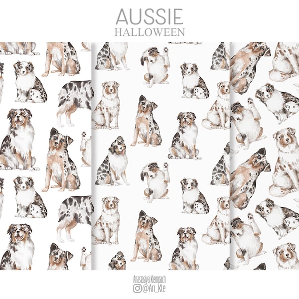 Patrones sin costuras de perros australianos, documentos digitales de pastor australiano, diseño de bobtails, acuarela de perros pastores, vaina comercial