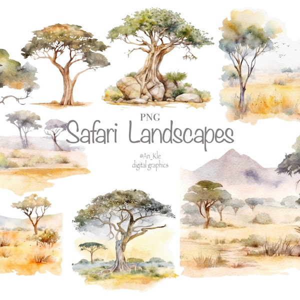 Fondos de Safari png descarga digital, acuarela África árboles paisajes ilustraciones gráficos digitales, uso comercial y personal