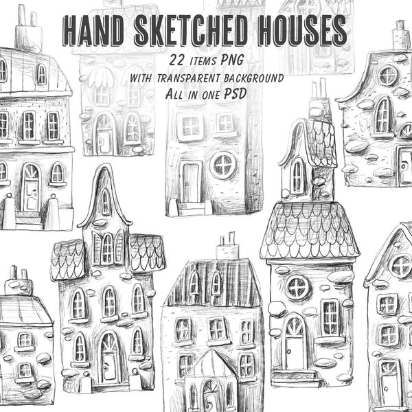 Sketched houses png clipart, old town clipart, hand drawn digital illustrations, colouring pages cottage, commercial and personal use