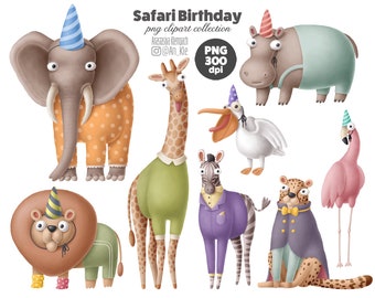 Safari Birthday animals clip art set, cute funny animals, numbers clipart, instant download, commercial and personal use