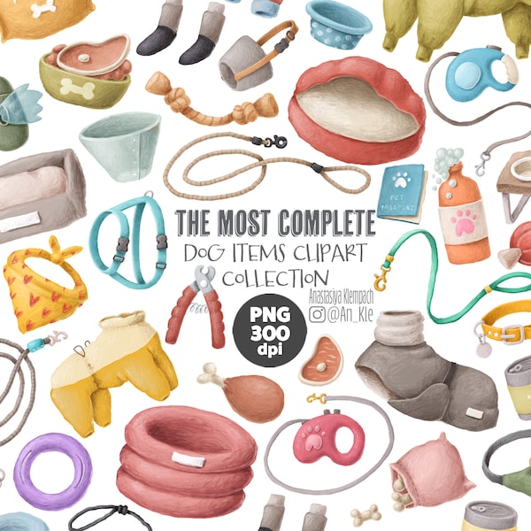 Dog items clipart collection, Instant digital download, commercial use, dog accessories bundle, dogs stuff, pet supplies, dogs clipart, png