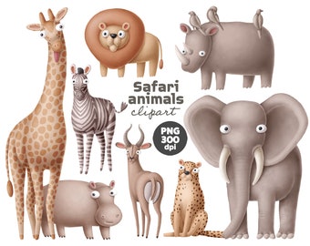 Safari animals cute clipart, funny nursery animals images png, africa wild animals for kids, instant download, personal and commercial use