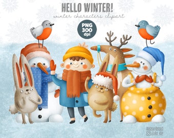Winter animals characters, snowman, deer, bunny, instant digital download, Christmas clipart, winter wonderland, commercial and personal use