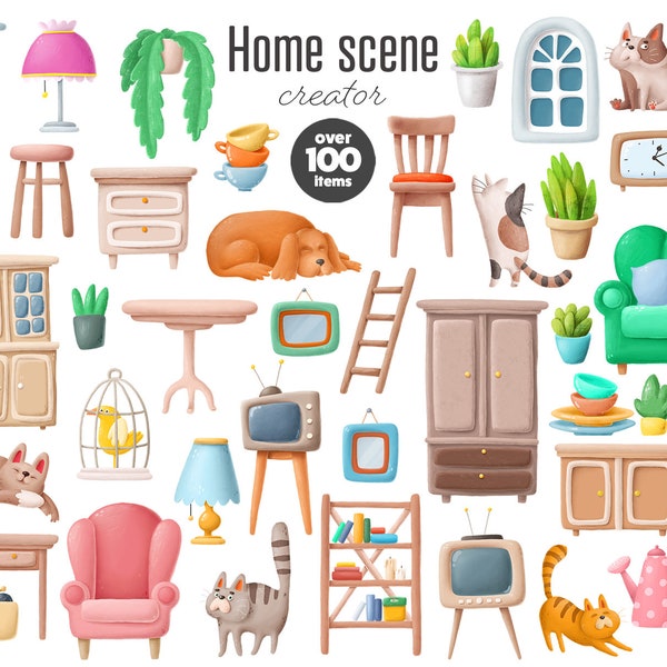 Interior clipart bundle - furniture, home plants, cats and dogs clip art, living room scene creator. Commercial and personal use.