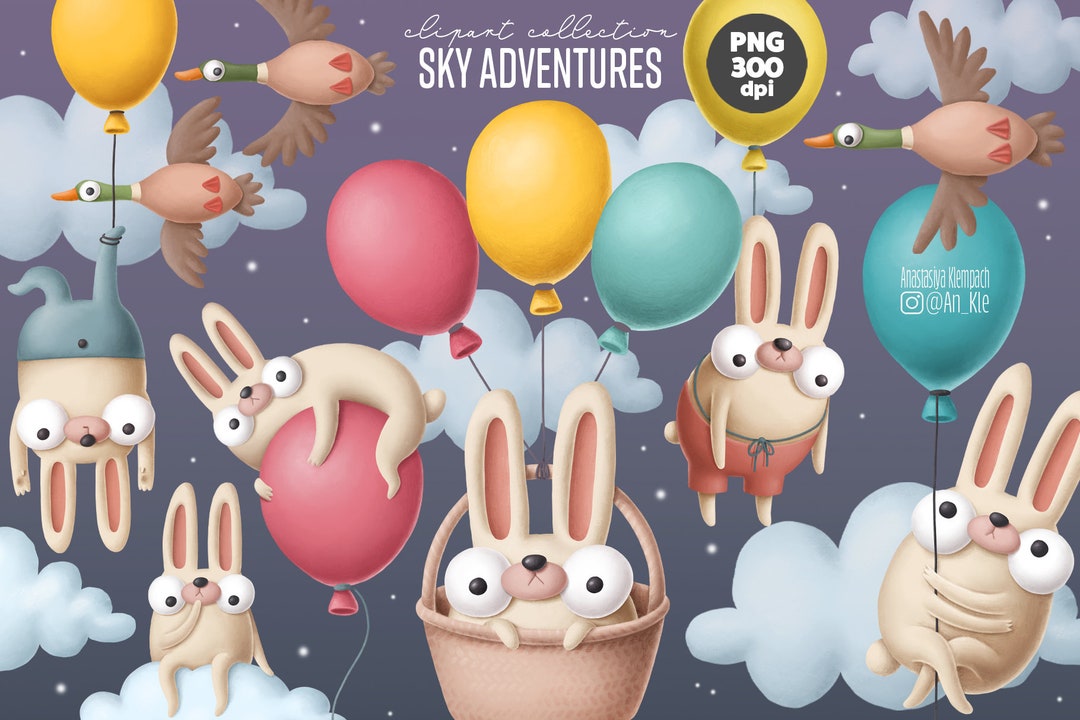 Funny Bunny Clipart, Whimsical Rabbits, Balloons and Clouds, Cute ...
