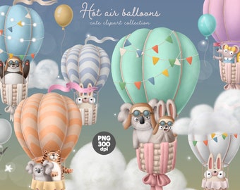 Hot air balloon with animals cute clipart set, digital illustrations, commercial and personal use