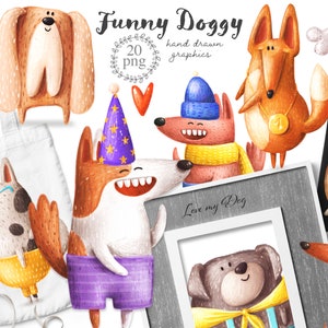 Cartoon dogs characters clipart png digital download, whimsical puppy illustration, funny dog, commercial pod