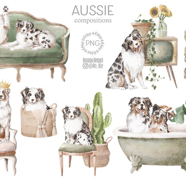 Téléchargement numérique de clipart png de chiens australiens, illustrations numériques de bergers australiens et de chiots graphiques numériques à l'aquarelle, clipart de race de chien