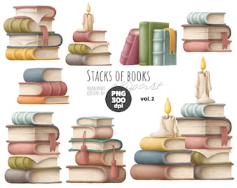 Stacked books clipart png digital download, old books digital graphics, back to school, education clipart, wizard clipart, books of magic