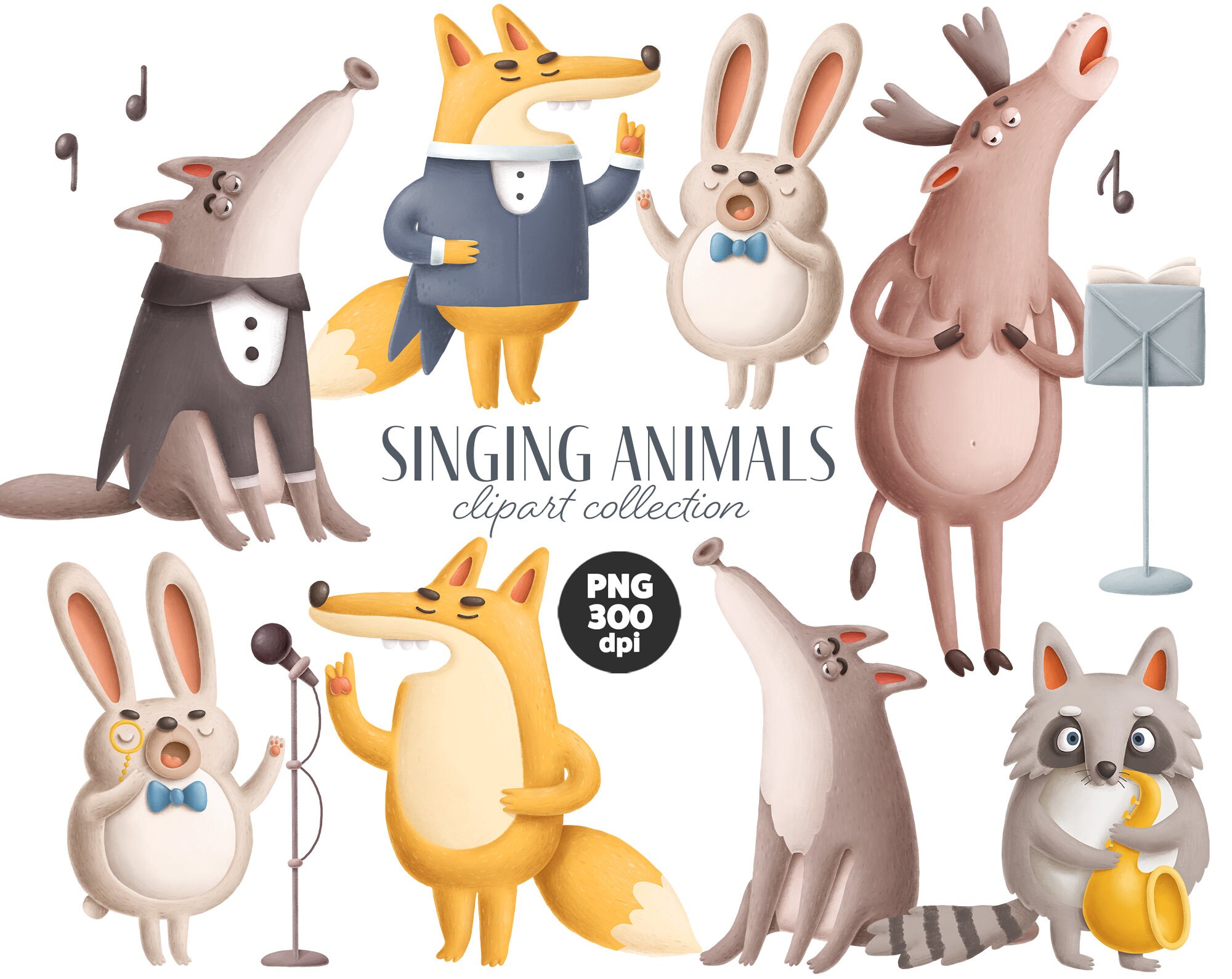 Singing animals clipart collection PNG forest animals | Etsy
