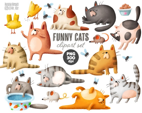 Funny Cats Clipart Png Digital Download Playful Kittens Cartoon
