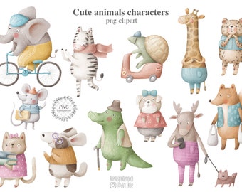 Animaux personnages clipart png téléchargement numérique, personnages animaux drôles pour enfants graphiques numériques, clipart retour à l'école