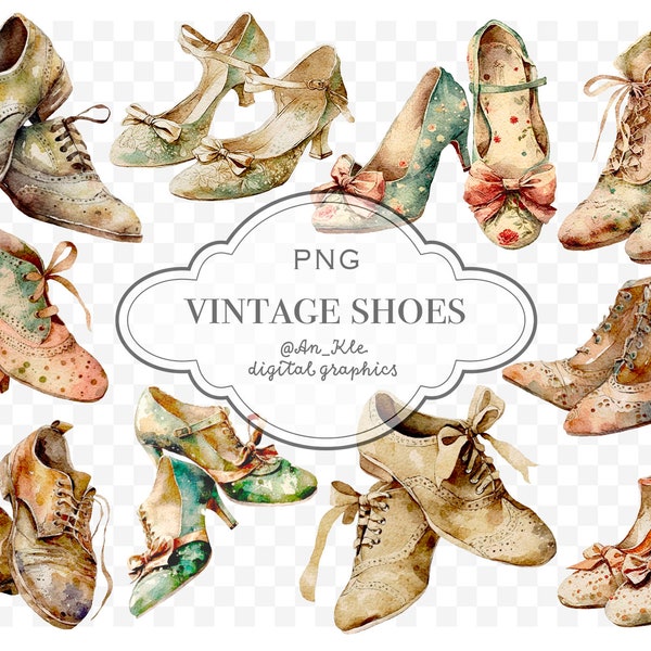 Vintage shoes clipart png digital download, watercolour old boots illustrations digital graphics, commercial and personal use