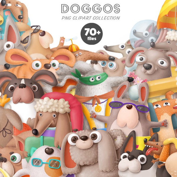 Pacchetto clipart per cani png, immagini di cani e cuccioli divertenti e carini, illustrazioni digitali png, uso commerciale e personale