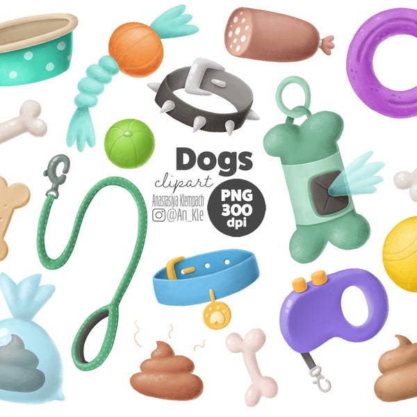 Honden accessoires clipart, digitale downloadbare illustraties, honden speelgoed png-afbeeldingen, dierenwinkel illustraties