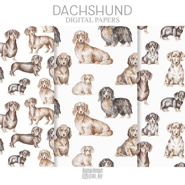 Dachshund dogs digital papers pack, dachshund seamless patterns digital download, watercolour dogs graphics, commercial and personal use