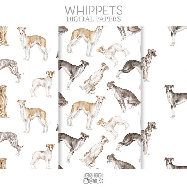 Whippet dog breed seamless patterns, lurcher digital papers, scrapbooking printable paper, watercolour dogs