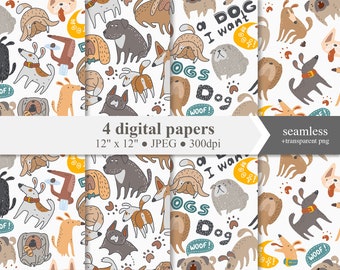 Doodle dogs digital papers set, seamless background with dogs, seamless dog patterns digital download, commercial and personal use