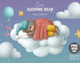 Cute sleeping bear digital clipart, nursery graphics png, instant download, commercial and personal use