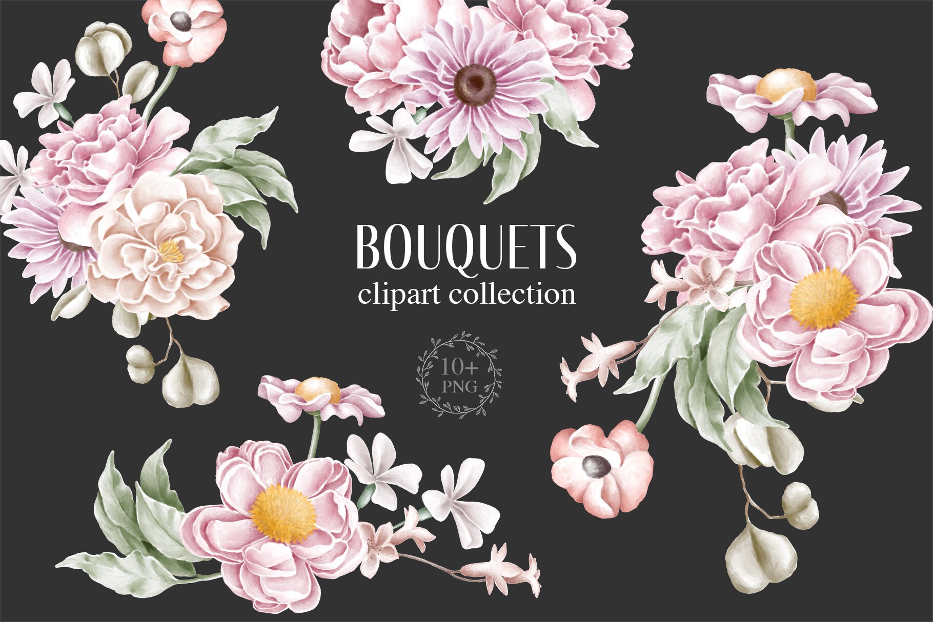 Pink bouquets clipart flowers png commercial and personal | Etsy