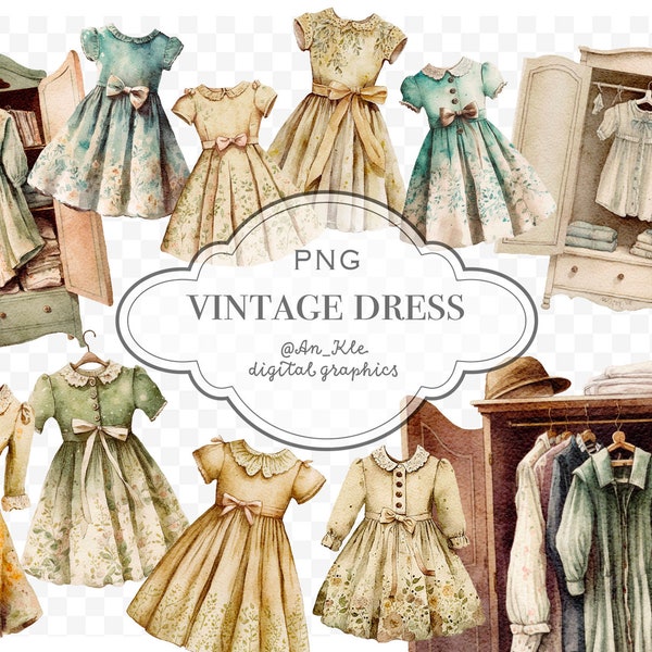 Abiti vintage clipart png download digitale, illustrazioni ad acquerello vecchi vestiti grafica digitale, uso commerciale e personale