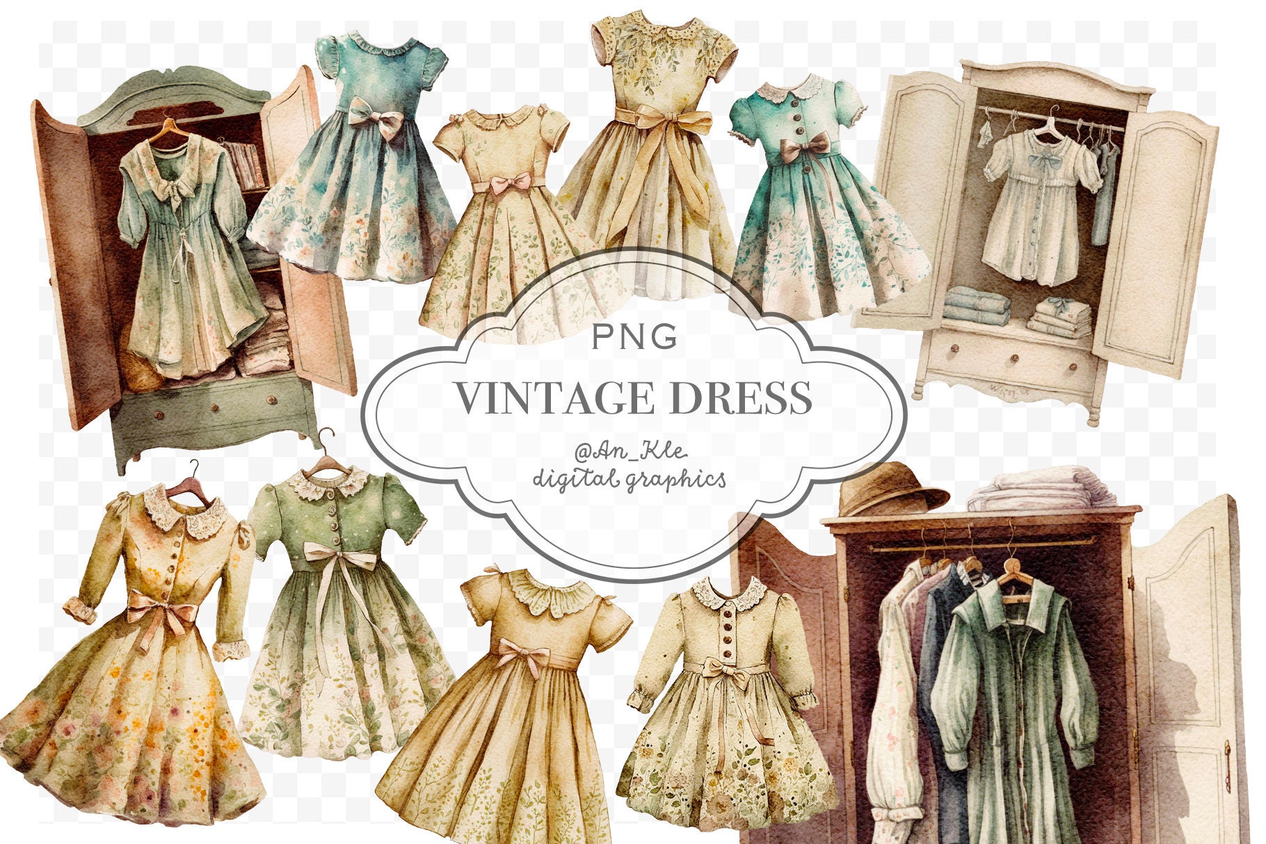 Vintage Dresses Clipart Png Digital Download Watercolour Old Etsy UK