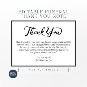 Modèle de carte de remerciement simple pour funérailles | Note de gratitude pour les funérailles | Modifiable sur Canvas | Remerciement personnalisé de deuil