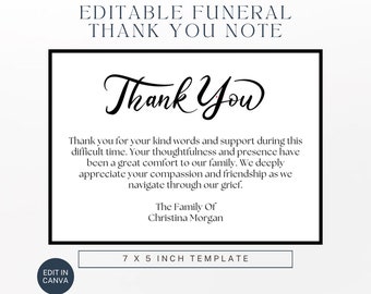 Plantilla de tarjeta de agradecimiento para funeral: Reconocimiento simple de duelo (18 x 13 cm, editable en Canva)