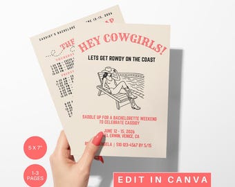 Invitación de despedida de soltera vaquera costera: Plantilla editable de Canva (descarga digital)