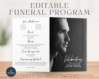 Programa funerario moderno / Folleto de 16 páginas / Editable en Canva / Descarga digital instantánea