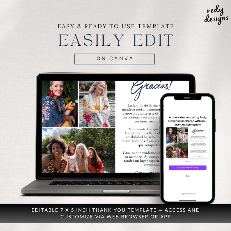 Puede incluir: Una plantilla digital para una tarjeta de agradecimiento de 7x5 pulgadas con un collage de fotos y texto en espa&ntilde;ol que dice "&iexcl;Gracias!" La plantilla es editable en Canva y se puede personalizar con fotos y texto.
