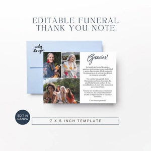 Puede incluir: Una tarjeta de agradecimiento azul y blanca con un collage de fotos de tres mujeres. La tarjeta tiene el texto "Gracias!" y un mensaje de agradecimiento en espa&ntilde;ol. La tarjeta es una plantilla de 7x5 pulgadas.