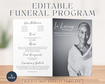 Programa funerario elegante / Folleto de 12 páginas / Editable en Canva / Descarga digital instantánea