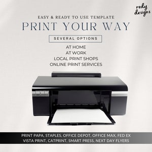 Puede incluir: Una impresora negra con una hoja de papel blanca en la bandeja. El texto "PRINT YOUR WAY" est&aacute; encima de la impresora. El texto "SEVERAL OPTIONS" est&aacute; debajo de la impresora. El texto "AT HOME, AT WORK, LOCAL PRINT SHOPS, ONLINE PRINT SERVICES" est&aacute; debajo del texto "SEVERAL OPTIONS". El texto "PRINT PAPA, STAPLES, OFFICE DEPOT, OFFICE MAX, FED EX, VISTA PRINT, CATPRINT, SMART PRESS, NEXT DAY FLYERS" est&aacute; debajo de la impresora. El texto "redy designs" est&aacute; en la esquina superior derecha de la imagen.