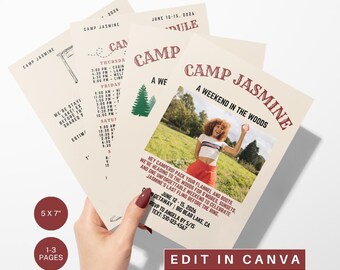 Invitación a despedida de soltera en campamento: itinerario de fin de semana en el lago (plantilla de Canva, 13 x 18 cm, descarga digital)