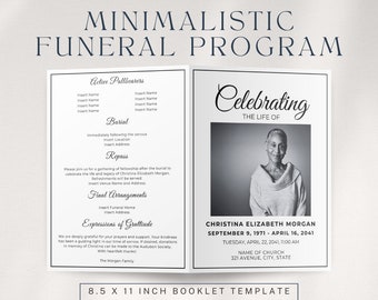 Programa funerario minimalista / Folleto de 12 páginas / Editable en Canva / Descarga digital instantánea