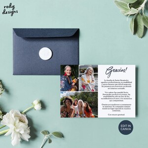 Puede incluir: Una tarjeta blanca con borde negro y un collage de fotos de tres mujeres. La tarjeta tiene el texto "Gracias!" en escritura cursiva negra y un mensaje de agradecimiento en espa&ntilde;ol. El texto "EDIT IN CANVA" est&aacute; en la esquina inferior derecha de la tarjeta.
