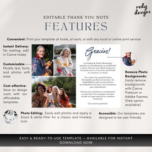 Puede incluir: Plantilla de nota de agradecimiento editable con caracter&iacute;sticas enumeradas, que incluyen entrega instant&aacute;nea, personalizaci&oacute;n, rentabilidad, edici&oacute;n de fotos y accesibilidad. La plantilla presenta una foto de una mujer con una bufanda floral y un cuadro de texto con la palabra "&iexcl;Gracias!" en espa&ntilde;ol.