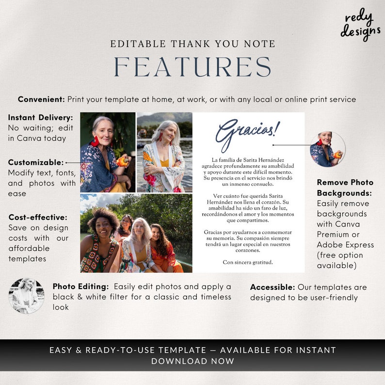 Puede incluir: Plantilla de nota de agradecimiento editable con caracter&iacute;sticas enumeradas, que incluyen entrega instant&aacute;nea, personalizaci&oacute;n, rentabilidad, edici&oacute;n de fotos y accesibilidad. La plantilla presenta una foto de una mujer con una bufanda floral y un cuadro de texto con la palabra "&iexcl;Gracias!" en espa&ntilde;ol.