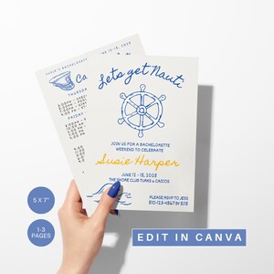 May include: A white invitation with blue and yellow text. The invitation is for a bachelorette party weekend to celebrate Susie Harper. The invitation says "Let's get Nauti" and has a nautical wheel graphic. The party is at The Shore Club Turks & Caicos from June 12-15, 2025.