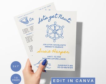 Invitación e itinerario de despedida de soltera náutica: Plantilla editable de Canva (descarga digital)