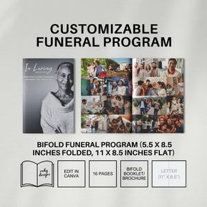 Programa elegante para funerales / Folleto de 16 páginas plegable en formato carta de EE. UU. / Editable en Canva / Orden de servicio de descarga digital instantánea (5,5 x 8,5 pulgadas)