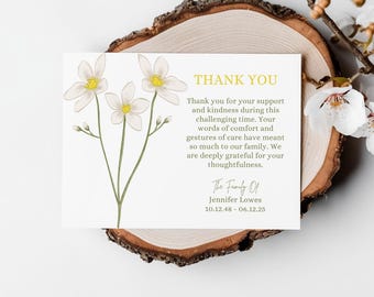 Tarjeta de agradecimiento floral para funeral: plantilla editable de Canva (18 x 13 cm)