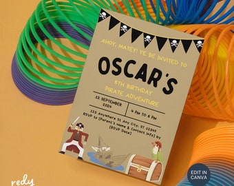 Invitación a fiesta pirata para niños: Plantilla DIY editable / Invitación de cumpleaños infantil imprimible en Canva