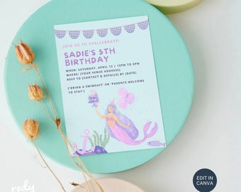 Invitación de cumpleaños de sirena: Plantilla editable (digital)