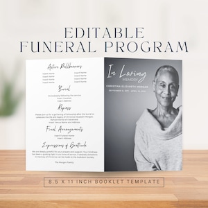Puede incluir: Plantilla de programa de funeral editable con una foto en blanco y negro de una mujer. El programa incluye secciones para los portadores de ataúd activos, el entierro, el refrigerio, los arreglos finales y las expresiones de gratitud. El texto "En memoria cariñosa" y "Christina Elizabeth Morgan" están en la parte superior del programa.