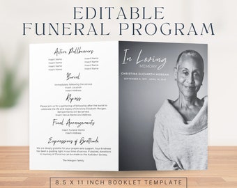 Programa funerario elegante / Folleto plegable de 8 páginas / Editable en Canva / Descarga digital instantánea